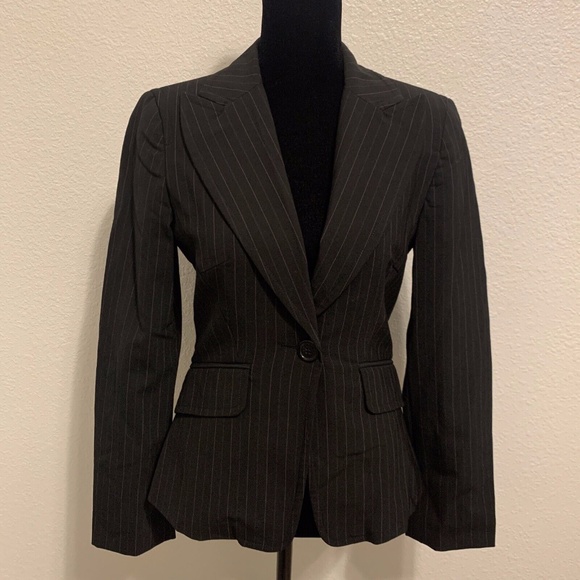 bebe Jackets & Blazers - Vintage Bebe Fashions Black Stretch Pink & Gray Pin Stripe Blazer Women's 0